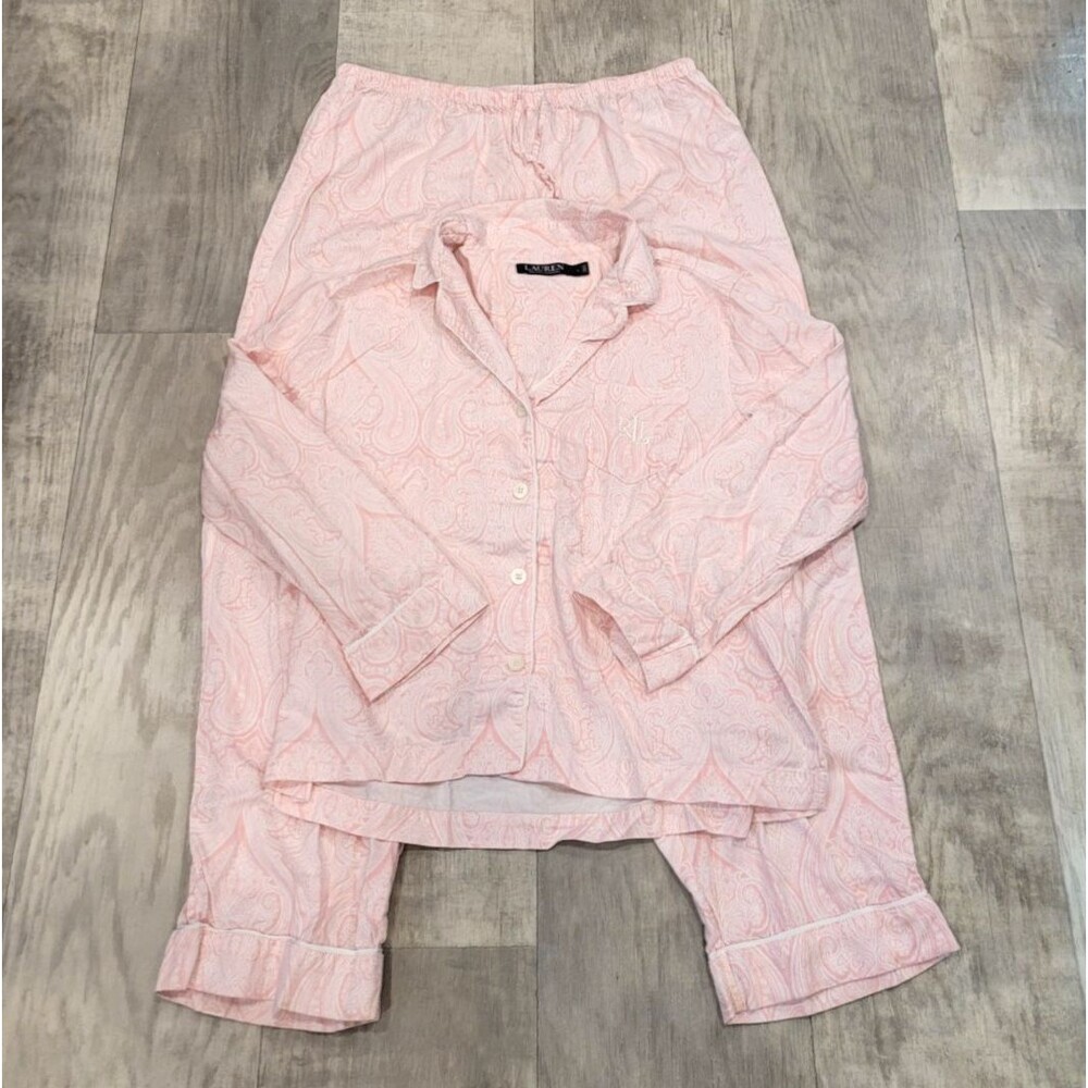 Ralph Lauren Pajama Set Womens L Pink Paisley Long Sleeve 2 pc Lounge Sleepwear